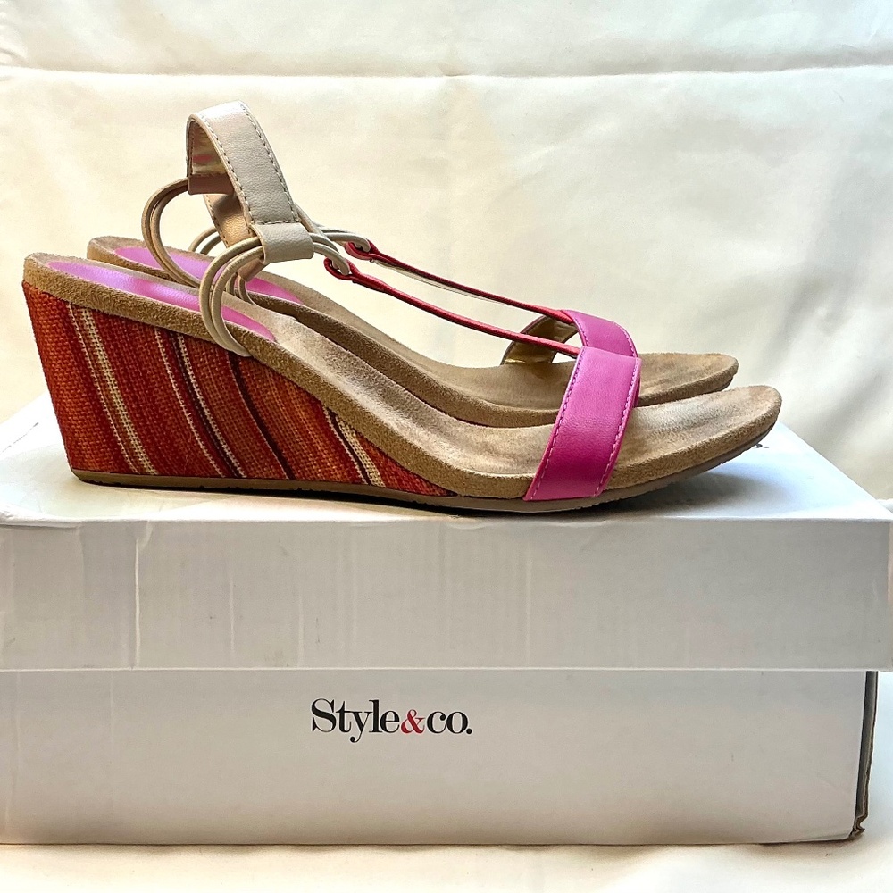 Style & Co Mulan wedge sandals, orange-red/pink, 7.5